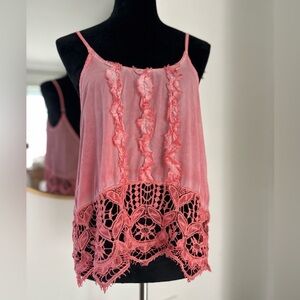 NWOT Vintage Havana Pink Ruffle, Lace cami tie-back Tank Top Size Oversize Small